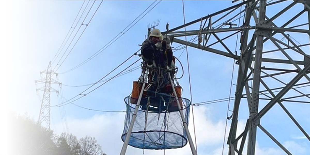 鉄塔に架かる電線で作業する様子