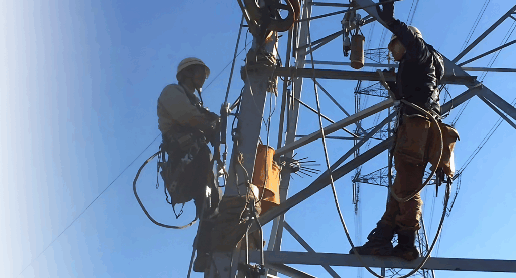鉄塔で作業する様子